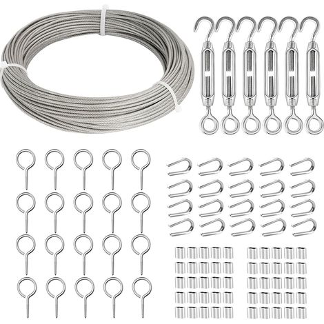 Steel Cable 2 mm/30 m Stainless Steel Rope Hanging Kit, 2 mm Sheathed Stainless Steel Cable with M4 Tensioners Cable, M3 Eyelets Hooks, Kit of 2 mm Metal Cable for Climbing Plants (1/5)