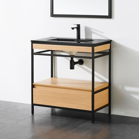 Stano. – Meuble lave-mains 80 cm en métal noir – Vasque céramique noire avec système de trop-plein – Tiroir avec fermeture amortie