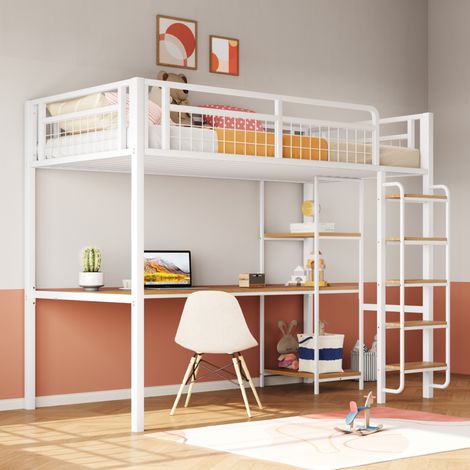 Letto a Soppalco 90x200 cm con Struttura in Metallo Bianco (1/5)