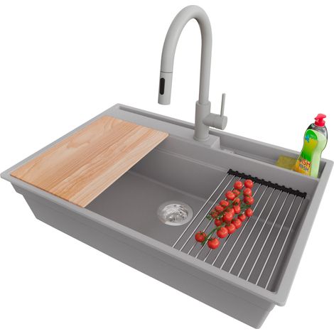 PRIMAGRAN Evier Cuisine en Granit 78x53cm,Lavabo 1 bac + Robinet 40x20cm + Kit de Vidage + Accessoires, Évier à Encastrer au meuble 80cm - Oslo Pocket, Gris (1/5)