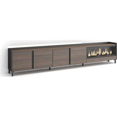 Mueble TV Almogía-02 de 315x61x35 cm con chimenea y luces LED, diseño industrial, color roble oscuro y negro (1/4)