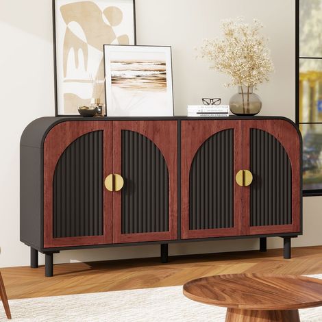 Credenza in truciolare nero e noce scuro 150x40x80 cm, 4 ante, ripiani regolabili, cerniere ammortizzate