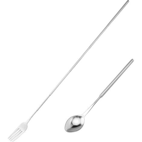 Fourchette et cuillère télescopiques - Set de 2 - Fourchette de table - Cuillère - Acier inoxydable - Couverts réglables - Idéal pour barbecues, pique-niques et réceptions - Argent (1/5)