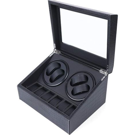 4+6 Caja para guardar relojes Caja para guardar relojes con 4 enrolladores automáticos Regalo de Año Nuevo, Navidad, San Valentín, Cumpleaños, 30,5 x 23,5 x 18 cm (Negro)