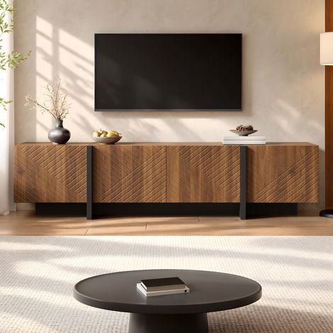 Mobile tv - 187 x 32 x 45 cm - quattro ante effetto doghe diagonali con passacavi ampio spazio contenitore, stile moderno, MDF, noce (1/5)