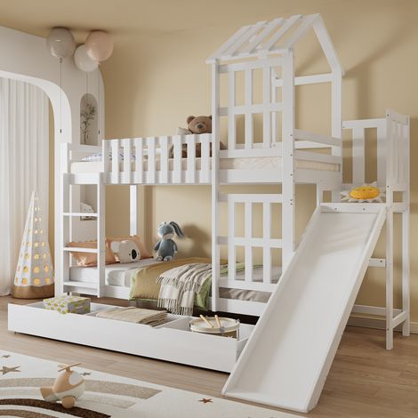 Lit superposé enfant, en MDF, avec tiroir, blanc, 90 x 200 cm, pour chambre enfant, grand tiroir avec roues, pin + MDF + contreplaqué