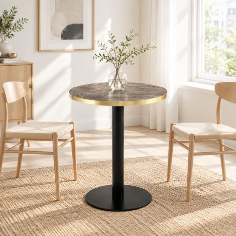 Table d’appoint ronde effet marbre avec bord doré et structure métallique noire et dorée, 60 cm (1/5)
