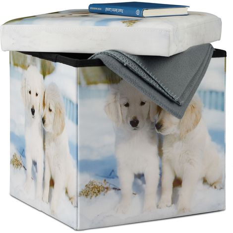 Relaxdays Puf con almacenamiento, cajón con motivo de perro, plegable, 38 x 38 x 38 cm, multicolor (1/5)