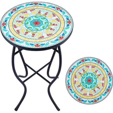 Table d'Appoint Ronde Mosaïque en Céramique de Jardin 14" (35,5cm) - Décoration pour Patio, Porche, Terrasse, Entrée, Salon, Chambre à Coucher, Vert (1/5)