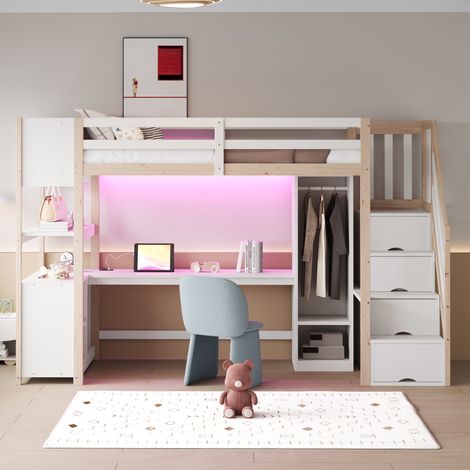 Lit mezzanine bois 90x200 cm couleur bois + blanc bureau armoire escalier rangement LED prises européennes étagères et tête de lit rangement (1/5)