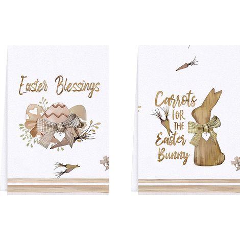 Serviettes De Cuisine - Motif Rayures Lapin Oeufs De Pâques - Coton - Pour Cuisine Salle De Bain - Lot De 2 (1/5)