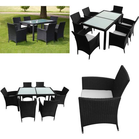 7-tlg. Garten-Essgruppe mit Auflagen Poly Rattan Schwarz - Gartenmöbelset - Esstisch - Rattan Gartenmöbel - Outdoor Möbel - Balkonmöbel - Home & Living (1/5)