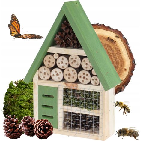 Hôtel pour abeilles, papillons et insectes, boîte en bois vert, 4 compartiments, 26 x 9 x 37 cm (1/4)