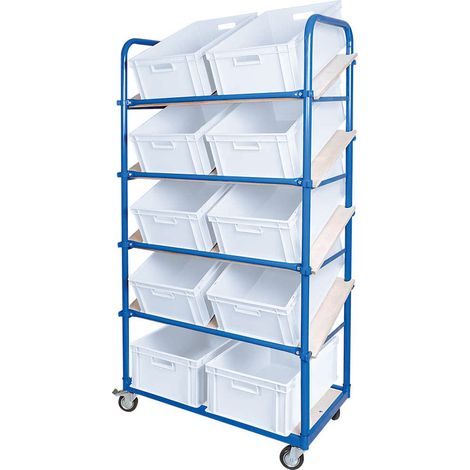 BRB Schrägboden-Regalwagen mit 5 Ebenen, 4 Lenkrollen, bestückt mit 10 Euroboxen 600x400x220 mm (weiß) (1/3)