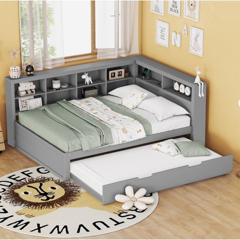 Bett mit Ausziehbett 140x200 USB Stauraum Massivholz OKMYHOME (1/5)