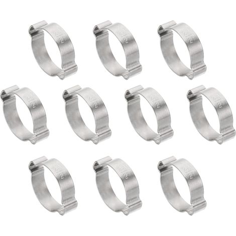 10 Pcs 23-27mm Collier de Serrage à Double Oreille, Anneaux de Sertissage de Clip Torique en Acier Inoxydable 304 pour Connexions de Raccords Tubes Essence Carburant, Ton Argenté (1/5)