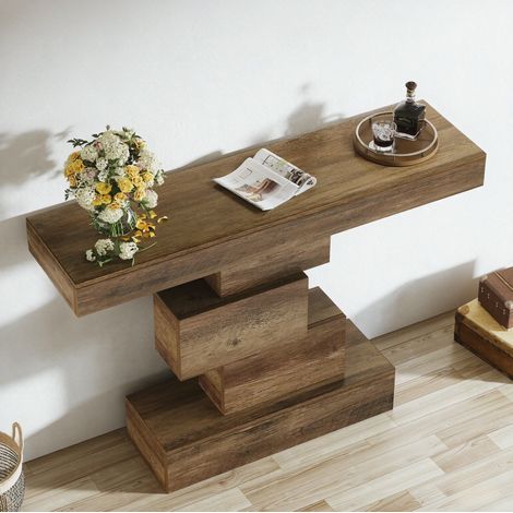 Tavolo consolle da ingresso 108 x 30 x 80 cm, base geometrica, effetto legno marrone chiaro DESVIAE (1/5)