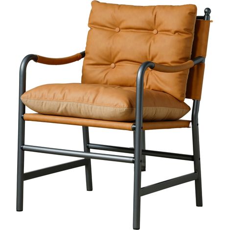 Fauteuil d’appoint en cuir régénéré marron, style mid-century, structure métal noir, pour salon, chambre ou bureau, assise confortable et élégante CHICFURN (1/5)