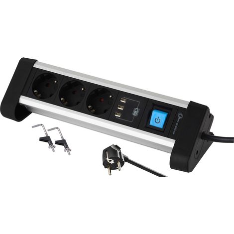 Electraline 62559 Base Multipla per Tavolo da Lavoro Schuko + 3 Porte 3.4A, 2M, Fissaggio con 2 Supporti Inclusi, Colore Metallico, 3 Prese + 3 USB (1/4)
