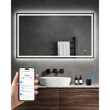 Specchio Bagno con Luce LED 70x120cm, Specchio intelligente illuminato da Parete, Specchiera Bagno Controllo Vocale Tramite App 3 Colori Luce Antiappannamento Interruttore Touch, Funzione Memoria (1/5)