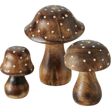 Mangoholz Deko Pilze 3er Set zum Hinstellen - 10 / 8 / 7 cm - Holz Fliegenpilz Figur zur Herbst Dekoration - Holzpilz Dekopilz Waldpilz Herbstdeko Aufsteller Tischdeko