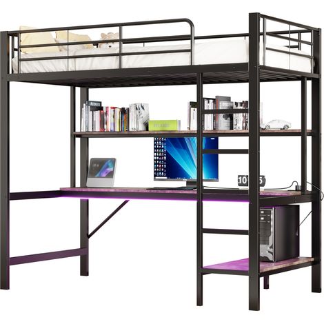 Lit mezzanine 90 x 200 cm avec bureau, étagère multi-niveaux, LED 7 couleurs, USB, prises et échelle, métal noir - CHICFURN (1/5)