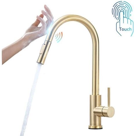 1 Robinet de Cuisine, Capteur Tactile, Douchette Extensible, 2 Modes, Rotation 360°, Or Brossé, Cuisines