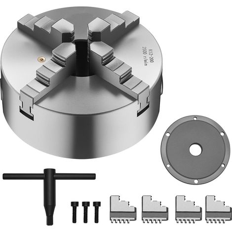 Mandrin 4 mors auto-centrant, 200 mm, avec plaque adaptatrice filetée 1 1/2 pouce-8, plage de serrage 4-200 mm, clé en T incluse, matériau HT300, pour tour à bois et métal. (1/5)