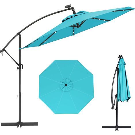 Parasol voladizo de 3 m giratorio 360° con 24 luces LED alimentadas por energía solar para un ambiente acogedor en aluminio verde 200013015