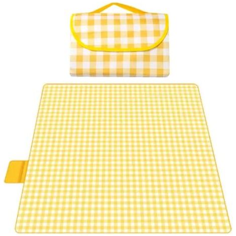 Couverture de plage, tapis de pique-nique anti-sable, 79 x 79 pouces, couverture de poche portable pliable et imperméable pour pelouse extérieure, plage, voyage, camping, randonnée, parc (carreaux jau (1/5)
