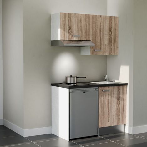 Kitchenette K01L-PT - 120 cm - plan stratifié, évier inox, - Façade Bois - Plan Noir texturé - Evier Inox - Crédences Non + Electroménager inclus coloris Inox