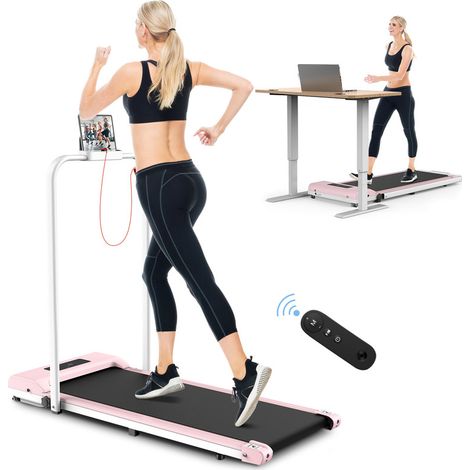 2 en 1 Tapis de marche Pliable - BIGZZIA Tapis de Course Roulant électrique - 1-10 Km/h Vitesse Réglable - Avec accoudoir et Écran LCD Rose (1/5)
