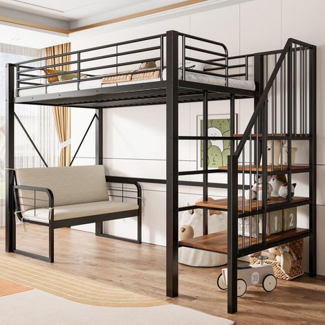 Cama alta de 90 x 200 cm - Cama infantil de metal con sofá acolchado extraíble y escalera con espacio de almacenamiento - Negro (1/5)