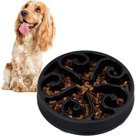 （Ø 20 cm）Noir  Gamelle Anti glouton pour Chiens et Chats, Hauteur 5 cm, capacité jusqu'à 450 g, gamelle antidérapante en Plastique Alimentaire, résistant au Lave Vaisselle jusqu'à 100°