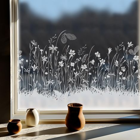 Film fenetre Fleur prairies d’Un Blanc Pur, Papillon Film electrostatique vitre, Semi-Transparent Autocollant fenetre, Convient pour Les Salons, Cuisine, Chambre à Coucher et Bureau 39x150cm (1/5)
