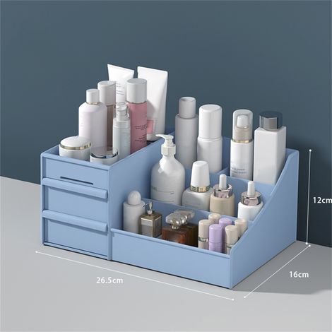 Coffret de rangement cosmétique neuf, tiroir pour maquillage et rouges à lèvres, boîte de rangement en plastique bleu 26,5x16x12cm, pour dortoir et salle de bain (1/2)
