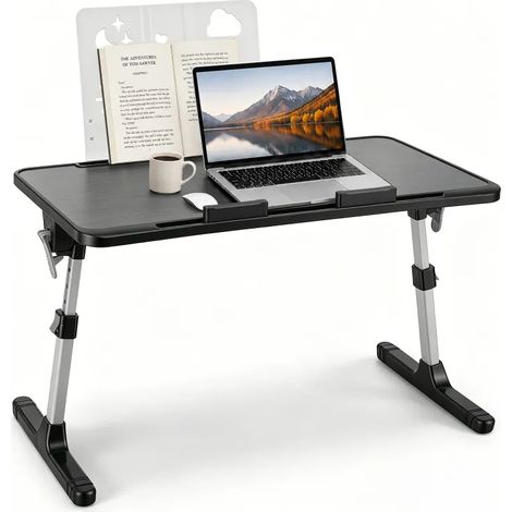 Table d'ordinateur de lit pliable avec tiroir et étagère, hauteur et angle réglables 26,3‑36,3 cm, plateau pour les genoux, dessus bois, structure métallique, charge 50 kg, 2 patins antidérapants (1/5)