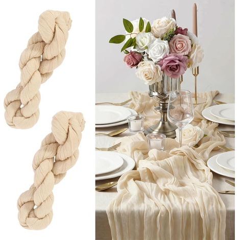 2 Pièces Chemins de Table en Étamine Beige 90 x 300 cm Tissu de Gaze Rustique Bohème Chemin de Table Mousseline Table Runner Nappe Beige pour Fête d'anniversaire Festival Décoration de Mariage (1/5)