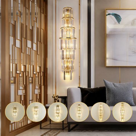 Luxus LED Kristall-Wandleuchte Gold, 7-lagiges Design im Turm-Stil, 3 Farbtemperaturen für Wohnzimmer
