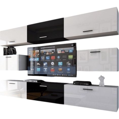 Conjunto de muebles de salón blancos y negros colgantes colección CEPTO VII 249cm, 8 puertas, modulares. Parte central en color negro.