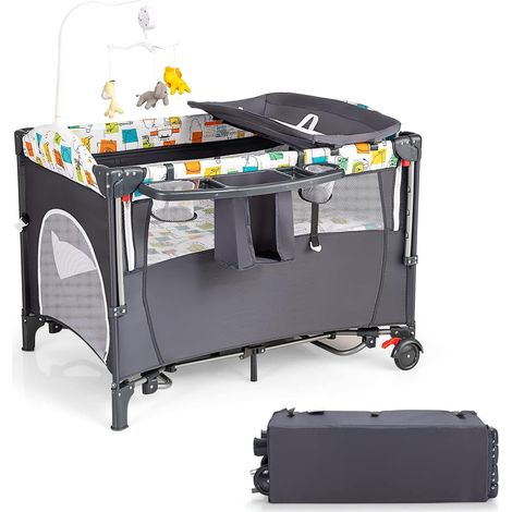 COSTWAY Culla da Campeggio 5 in 1, Co-Sleeping AItezze Regolabili, Lettino da Campeggio con Fasciatoio, Box Bambini Pieghevole e Ingresso Laterale, Giocattolo Appeso, Ruote e Freni (Grigio) (1/5)