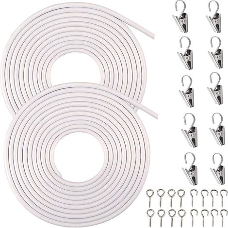 Set bestehend aus 3 Meter langem, kunststoffbeschichtetem Federseil, weißem Gardinenseil, Ösenhaken, Fragezeichenhaken und Zubehör. (1/5)