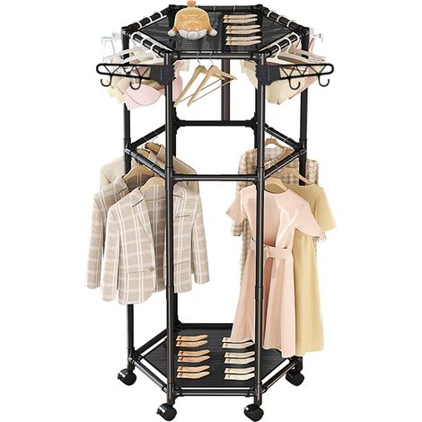 Portant à vêtements sur roulettes, rotatif à 360 °, 2 étages, hexagonal, porte-manteau en métal avec étagère et 2 crochets, stable et peu encombrant, pour chambre à coucher, buanderie (1/5)