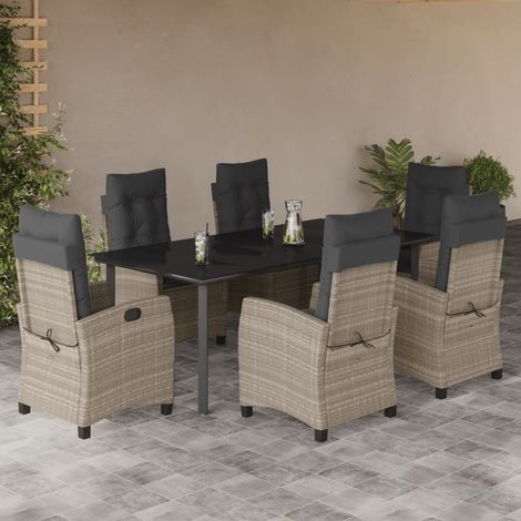 7-tlg. Garten-Essgruppe mit Kissen Hellgrau Poly Rattan