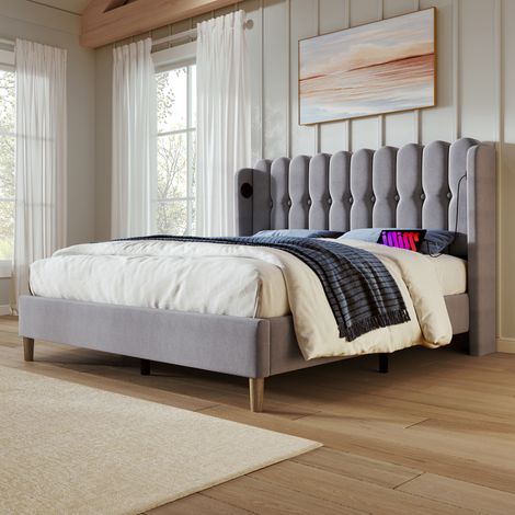 Cama doble 140x200 cm con carga USB Tipo-C material de lino gris adecuada para adolescentes (Sin Colchón) (1/5)