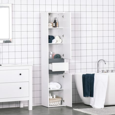 Meuble de rangement colonne pour salle de bain, style contemporain, 2 placards, 3 étagères et un tiroir coulissant, panneaux de particules blancs (1/5)