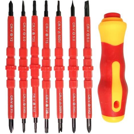 Ensemble de tournevis électrique isolé 14 en 1 – 7 pièces – Tête magnétique – Poignée antidérapante – Pour électricien professionnel