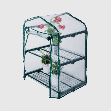 Serre à 2 étagères pour terrasses et balcons, Structure en métal et bâche en PVC Transparent/Vert, 69 x 49 cm - H 92 cm, SER07395A (1/3)