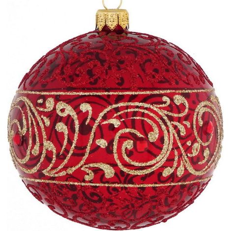 Pallina per albero di Natale in vetro semi-trasparente rosso con motivi floreali dorati da 10 cm (1/4)