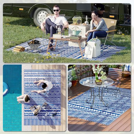 Tapis de jardin bleu et blanc 182x274 cm, réversible et pliable, en polypropylène pour extérieur (1/5)